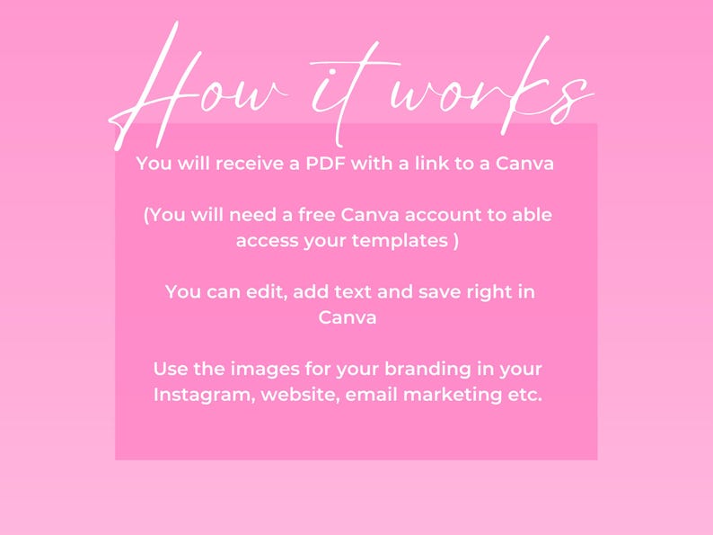May include: Pink graphic with white text that reads "How it works." Instructions include receiving a PDF with a Canva link, editing in Canva, and using images for branding on Instagram, websites, and email marketing.