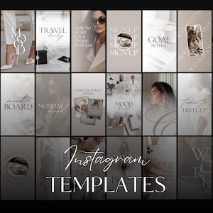 Puede incluir: Un conjunto de 18 plantillas de Instagram para empresarios. Las plantillas presentan una estética minimalista con una paleta de colores neutros de blanco, gris y negro. Las plantillas incluyen superposiciones de texto con frases como "Diario de viaje", "Tablero de humor", "Establecimiento de objetivos", "Hora de subir de nivel" y "Concéntrate en ti".