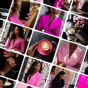 May include: A collage of images featuring women in stylish blazers, holding phones, and using laptops. The color palette is dominated by shades of pink and black, with accents of gold. Coffee cups and accessories are also visible.