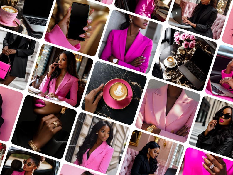 May include: A collage of images featuring women in stylish blazers, holding phones, and using laptops. The color palette is dominated by shades of pink and black, with accents of gold. Coffee cups and accessories are also visible.