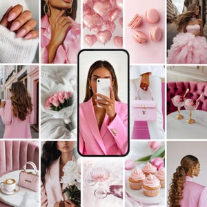 May include: A collage of pink-themed items, including a woman in a pink blazer, pink heart-shaped balloons, macarons, a bouquet of roses, a handbag, ice cream, cupcakes, and nail polish. The image has a feminine and elegant aesthetic.
