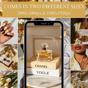May include: A collage of images featuring a gold and clear glass perfume bottle with the word "Chanel" on it, sitting on top of two books, one with the word "Chanel" on it and the other with the word "Vogue" on it. The collage also includes images of lemons, flowers, jewelry, and a woman wearing a yellow blazer.
