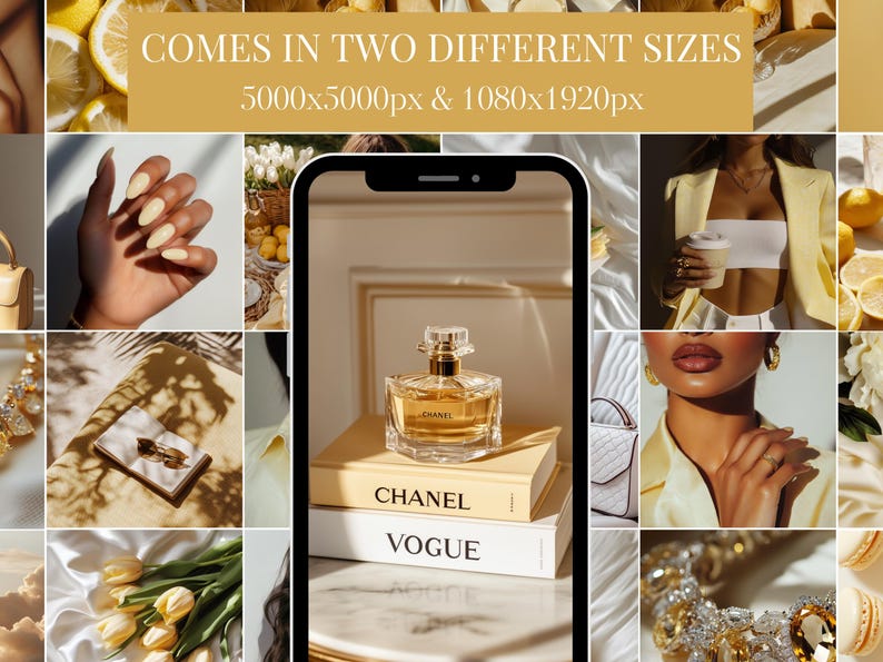 May include: A collage of images featuring a gold and clear glass perfume bottle with the word "Chanel" on it, sitting on top of two books, one with the word "Chanel" on it and the other with the word "Vogue" on it. The collage also includes images of lemons, flowers, jewelry, and a woman wearing a yellow blazer.