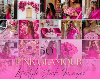 May include: A collage of images featuring pink flowers, pink clothing, and pink accessories. The text "50+ PINK GLAMOUR Lifestyle Stock Images" is displayed on the bottom of the collage.