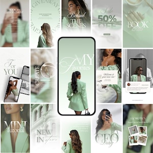 以下が含まれることがあります： 緑と白を基調としたInstagramストーリーテンプレートのコレクション。テンプレートには、「お気に入り」、「50%オフセール」、「今すぐ予約」などのテキストオーバーレイが含まれています。全体的なテーマはファッションとライフスタイルで、女性やアクセサリーの画像が使用されています。