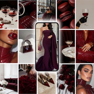 Puede incluir: Un collage de imágenes con una rica combinación de colores burdeos. Se presentan copas de vino, un interior de coche, macarons, una mujer con gafas de sol, un vestido sin tirantes, un bolso, tacones altos, rosas y una mujer con lápiz labial rojo.