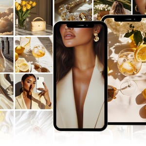 May include: A collage of images featuring a woman wearing a white blazer, a glass of lemonade with lemon slices, a bouquet of yellow flowers, and a white handbag.