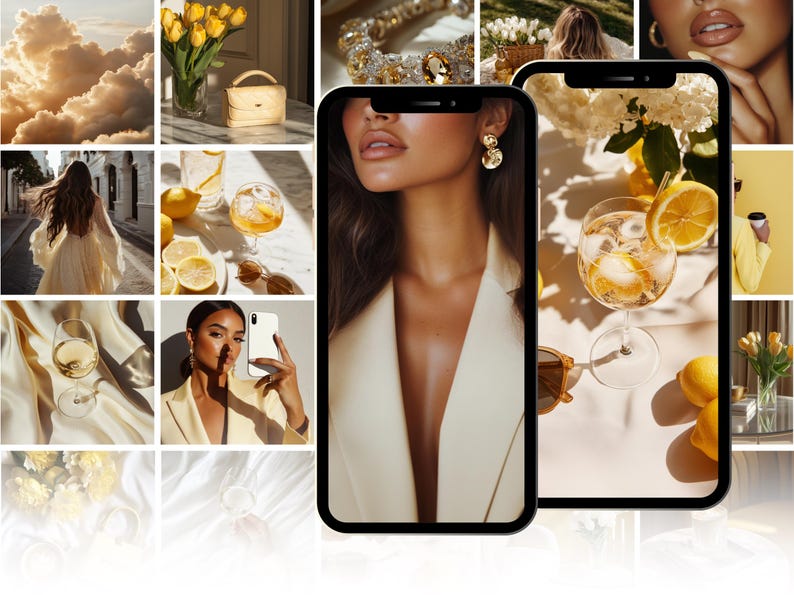 May include: A collage of images featuring a woman wearing a white blazer, a glass of lemonade with lemon slices, a bouquet of yellow flowers, and a white handbag.