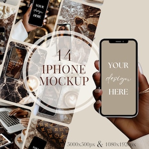 May include: A collage of 14 iPhone mockups with different backgrounds, including coffee, flowers, and a hand holding a phone with the text "Your design here".