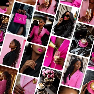 May include: A collage of images featuring women in stylish pink blazers, black outfits, and accessories. The images include a pink handbag, champagne, and coffee, suggesting a fashion or lifestyle theme.