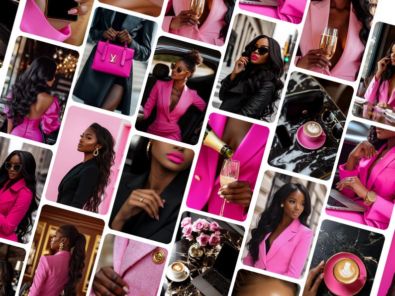 May include: A collage of images featuring women in stylish pink blazers, black outfits, and accessories. The images include a pink handbag, champagne, and coffee, suggesting a fashion or lifestyle theme.