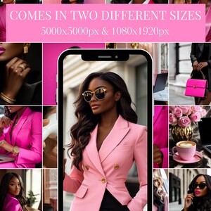 May include: A collage featuring a woman in a pink blazer, gold-rimmed sunglasses, and a black top. The image includes a phone displaying the woman, along with other images of the woman in various outfits and accessories. The text at the top says "COMES IN TWO DIFFERENT SIZES".