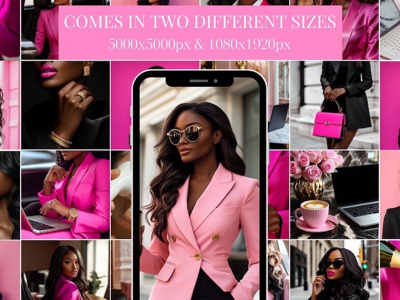 May include: A collage featuring a woman in a pink blazer, gold-rimmed sunglasses, and a black top. The image includes a phone displaying the woman, along with other images of the woman in various outfits and accessories. The text at the top says "COMES IN TWO DIFFERENT SIZES".