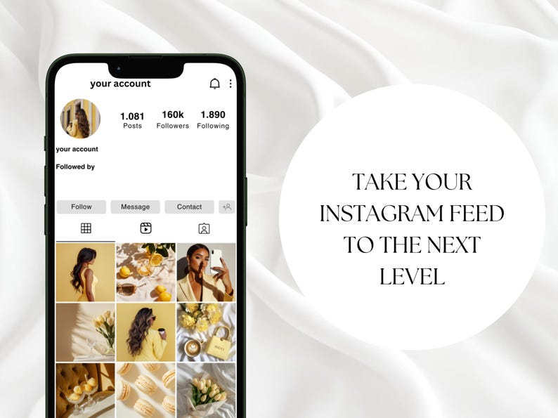 May include: A screenshot of an Instagram profile with a grid of nine photos. The photos feature a variety of subjects, including a woman in a yellow dress, a plate of macarons, and a bouquet of yellow flowers. The profile has 1,081 posts, 160k followers, and 1,890 following. The text "TAKE YOUR INSTAGRAM FEED TO THE NEXT LEVEL" is superimposed on the image.