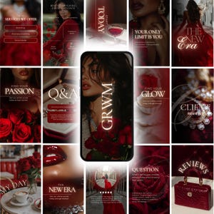Può includere: Un collage di immagini con un tema rosso e oro. Le immagini includono testo come "GRWM", "Find Your Passion" e "The New Era". Altre immagini mostrano una donna in abito rosso, una borsa rossa e un bicchiere di liquido rosso.