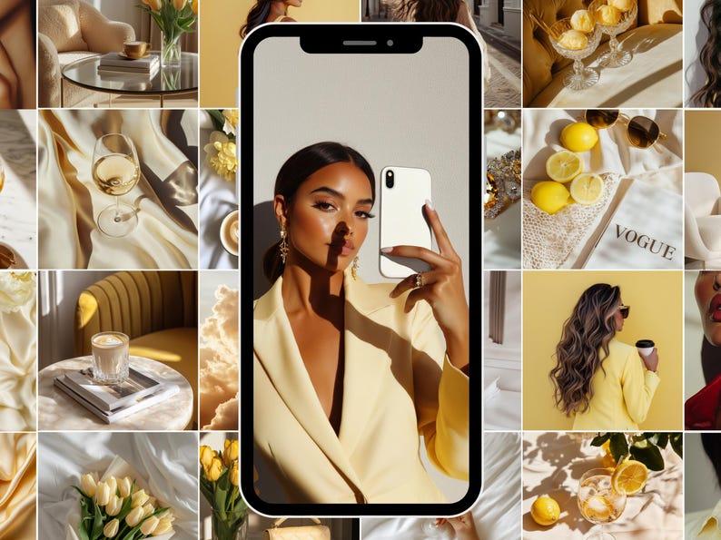 May include: A collage of images featuring a woman in a yellow blazer taking a selfie with a white phone, a glass of white wine, a cup of coffee, lemons, and a bouquet of yellow tulips.
