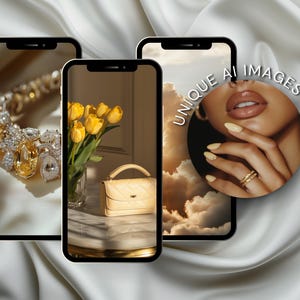 May include: Three phone screens displaying different images. The first screen shows a gold and diamond necklace. The second screen shows a bouquet of yellow tulips in a glass vase and a small beige handbag. The third screen shows a close-up of a hand with manicured nails and a gold ring. The text "UNIQUE AI IMAGES" is displayed on the third screen.