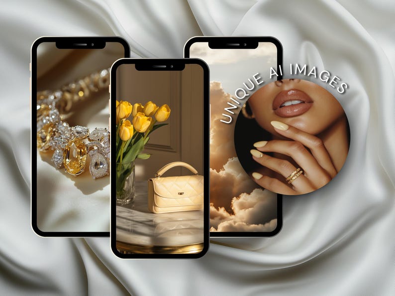 May include: Three phone screens displaying different images. The first screen shows a gold and diamond necklace. The second screen shows a bouquet of yellow tulips in a glass vase and a small beige handbag. The third screen shows a close-up of a hand with manicured nails and a gold ring. The text "UNIQUE AI IMAGES" is displayed on the third screen.