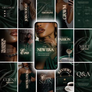 May include: A collage of images promoting an online course called "The New Era". The images feature a woman in a green dress, text overlays, and a green background. The text includes phrases like "Join our online course today and get started", "Find your passion", "Meet our team", "Client reviews", "Motivation", "Coming soon", "Focus on discipline", "Giveaway", "GRWM", "Benefits of having a business coach", "Transformations", "The New Era", and "Reviews".
