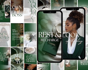 Könnte beinhalten: Eine Collage von Bildern mit einem grünen und goldenen Farbschema. Die Bilder enthalten Text wie "Be Your Own Boss", "Setting New Goals", "Rest & Recharge", "Find Your Passion in Life" und "Guide to Starting & Running a Business".