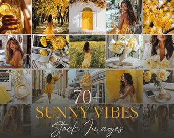 Puede incluir: Un collage de más de 70 imágenes de stock con ambiente soleado, que presentan flores amarillas, una puerta amarilla, una mujer con un vestido amarillo y una mujer con un vestido blanco. El texto "70+ Sunny Vibes Stock Images" se muestra en el centro del collage.