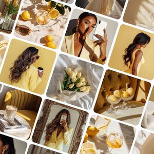 May include: A collage of images featuring a yellow color theme. The images include a woman in a yellow blazer, a bouquet of yellow tulips, a glass of lemonade, and macarons.