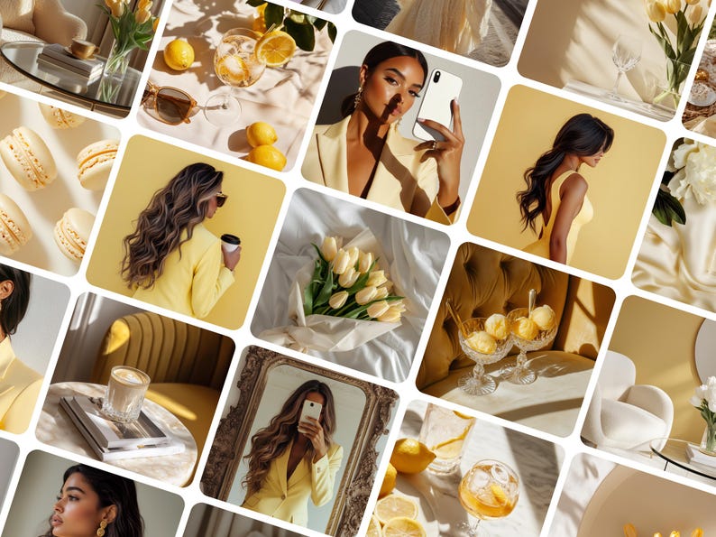 May include: A collage of images featuring a yellow color theme. The images include a woman in a yellow blazer, a bouquet of yellow tulips, a glass of lemonade, and macarons.