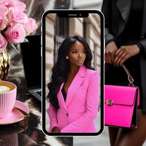 May include: A pink blazer and matching handbag are featured in this image. A woman is wearing the blazer. A cup of coffee, pink roses, and a laptop are also visible. The overall theme is fashion and lifestyle.