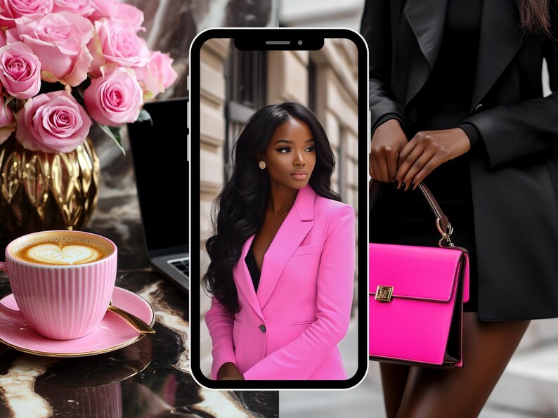 May include: A pink blazer and matching handbag are featured in this image. A woman is wearing the blazer. A cup of coffee, pink roses, and a laptop are also visible. The overall theme is fashion and lifestyle.