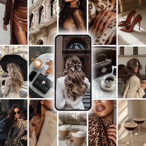 May include: A collage of images featuring fashion and lifestyle elements. Includes a brown leather skirt, architectural details, jewelry, high heels, a handbag, coffee, and a woman with a bow in her hair. The color palette is warm, with browns, creams, and gold.