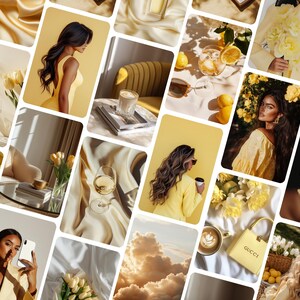 May include: A collage of images featuring yellow and gold tones. The images include lemons, flowers, drinks, and women wearing yellow clothing. The text "Gucci" is visible on a yellow bag.