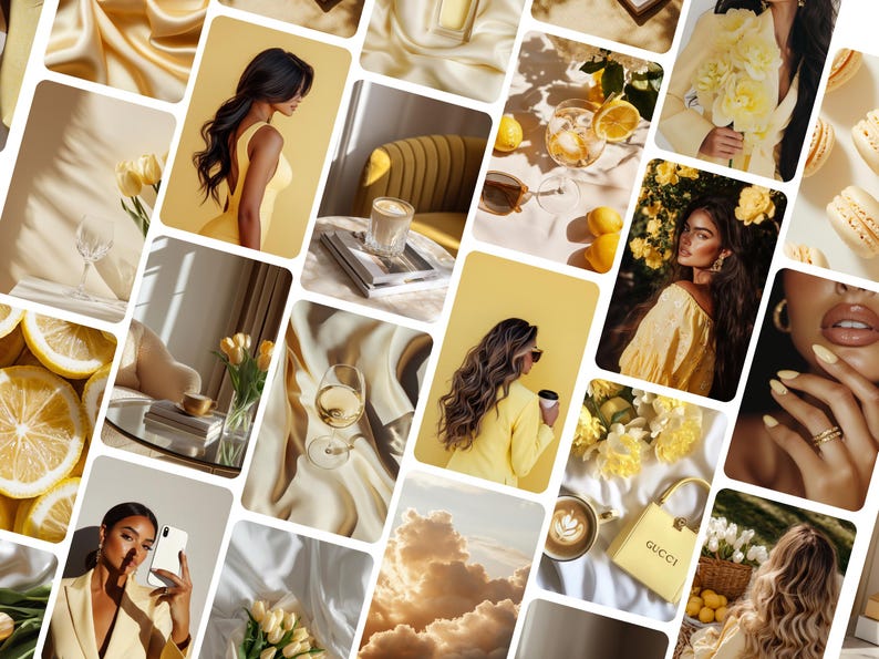 May include: A collage of images featuring yellow and gold tones. The images include lemons, flowers, drinks, and women wearing yellow clothing. The text "Gucci" is visible on a yellow bag.