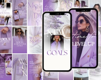 Puede incluir: Un collage de imágenes con un tema morado. Las imágenes incluyen texto como "Nueva semana", "Concéntrate en ti", "Modo de trabajo", "Cómo lograr tus objetivos", "Hora de subir de nivel" y "Objetivos".