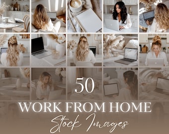 May include: A collage of images showing people working from home in a modern, minimalist setting. The images feature laptops, coffee, plants, and stylish decor. The text "50 Work From Home Stock Images" is displayed in the center of the collage.