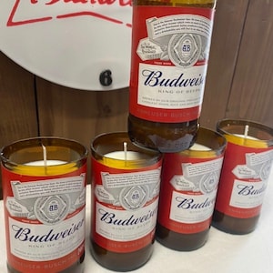 Upcycled Budweiser Bottle Candle: Soy Wax, 40 Hour Burn | free postage