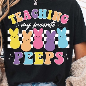 May include: Black t-shirt with the text "TEACHING my favourite PEEPS" in rainbow colours with a checkered background and five pastel-coloured peeps.