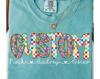 Custom Preppy Floral Glitter PNG, Personalized Mom with Kids Name Png, Retro Boho Floral Mama kids names Png, Custom Preppy Mama Checkered