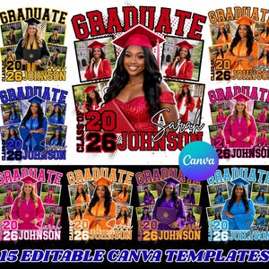 May include: A collection of graduation templates showcasing graduates in mortarboards and gowns. Each design includes the words "GRADUATE", "20", "26", and "JOHNSON". The templates are in diverse colours, with the text "15 EDITABLE CANVA TEMPLATES" at the base.