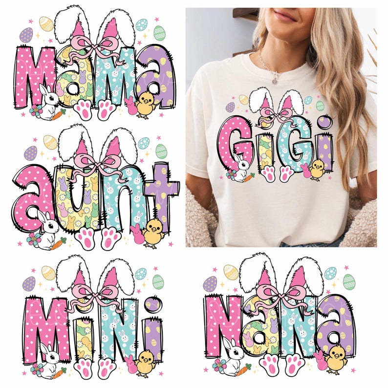 Pu&ograve; includere: Quattro diversi design a tema pasquale con le parole "Mamma", "Zia", "Mini" e "Nonna" con orecchie di coniglio, colori pastello e motivi di uova di Pasqua.
