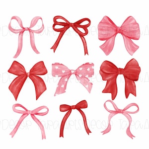 May include: Nine watercolor illustrations of red and pink bows. The bows are in various styles and sizes. Some bows have white polka dots.