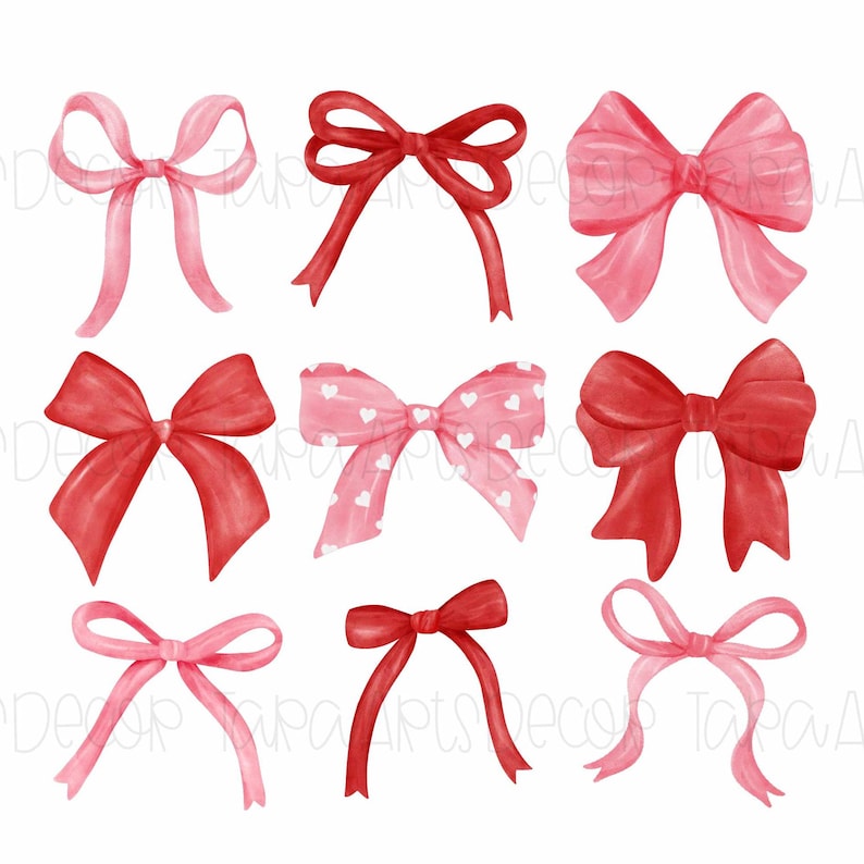 May include: Nine watercolor illustrations of red and pink bows. The bows are in various styles and sizes. Some bows have white polka dots.