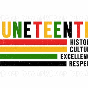 May include: A graphic design featuring the text "JUNETEENTH" in black, red, yellow, and green. Beneath the text are four horizontal stripes in red, yellow, green, and black. Below the stripes is the text "HISTORY", "CULTURE", "EXCELLENCE", and "RESPECT" in black.
