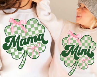 Matching Mama Mini St Patrick's Day PNG, Retro St Patricks Day Png, St Patrick's Day Lucky Png, Coquette Bow Shamrock Png, Kids, Mama Png