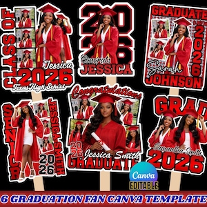 May include: A collection of graduation fan templates featuring photos of graduates in red caps and gowns. Each fan includes the graduate's name, the year 2026, and the word "Graduate". The text "Canva Editable" is also present.