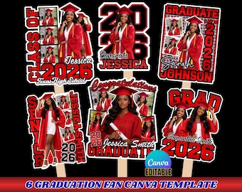 Plantilla editable de Canva para abanico de graduación roja 2026, diseños de abanico de pala de graduación Clase de 2026, inserto de fotos de abanico de graduado senior para descargar
