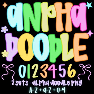 Paquete PNG de letras y números preppy, clipart de alfabeto de garabatos brillantes de neón, fuente de garabatos de sublimación colorida, 7 conjuntos completos de alfabetos