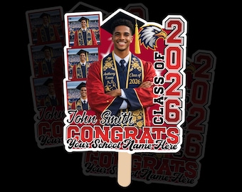 Plantilla editable de Canva para abanico de pala de graduación roja, diseño de fin de carrera de la promoción de 2026 (descarga digital)