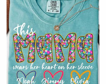 Preppy Mama Floral Glitter Png, This Mama Wears Her Heart on Her Sleeve Png, Custom Retro Boho Floral Mama with kids names Png, Everyday Png