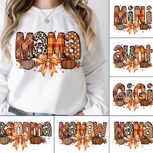 May include: A set of 10 fall-themed iron-on transfers featuring various family titles, including "Mama", "Mini", "Aunt", "Gigi", "Grandma", "Mawmaw", and "Nana". Each design includes a plaid, leopard print, and polka dot pattern with a bow and pumpkins.