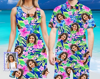 Personalisierte Foto Hawaii Kleid, Benutzerdefinierte Hund Katze Gesicht Urlaub Tropisches Muster Shirt für Männer Frauen, Strand Shorts Geburtstag Junggesellenabschied Geschenk